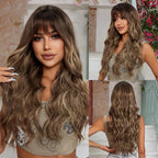 Long wavy synthetic wig with bangs, brown heat resistant, includes wig cap, 1pc