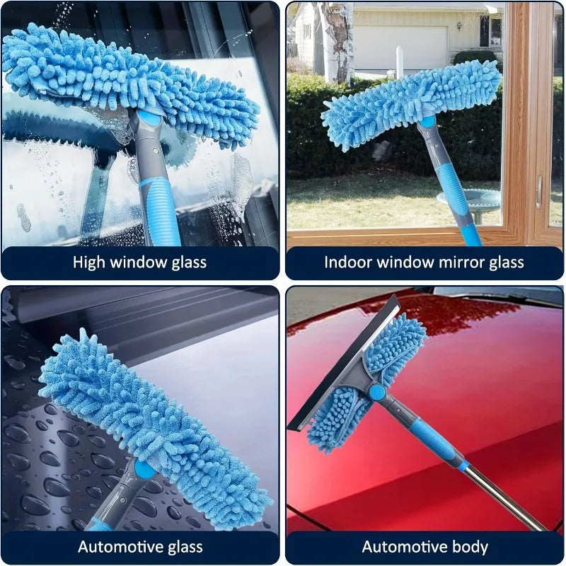 1pcs 2-in-1 High-Rise Window Cleaner Reusable Squeegee & Extendable Pole for Glass Scrubbing Stainless Steel Edge