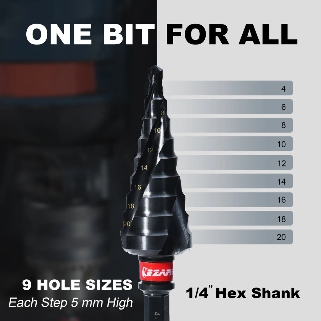 Step Drill Bit for Metal 1PC, 4-20mm M35 Spiral Flute Unibit Step Drill Bit, 1/4" Hex Shank for Metal, Wood, AlTiN Coated
