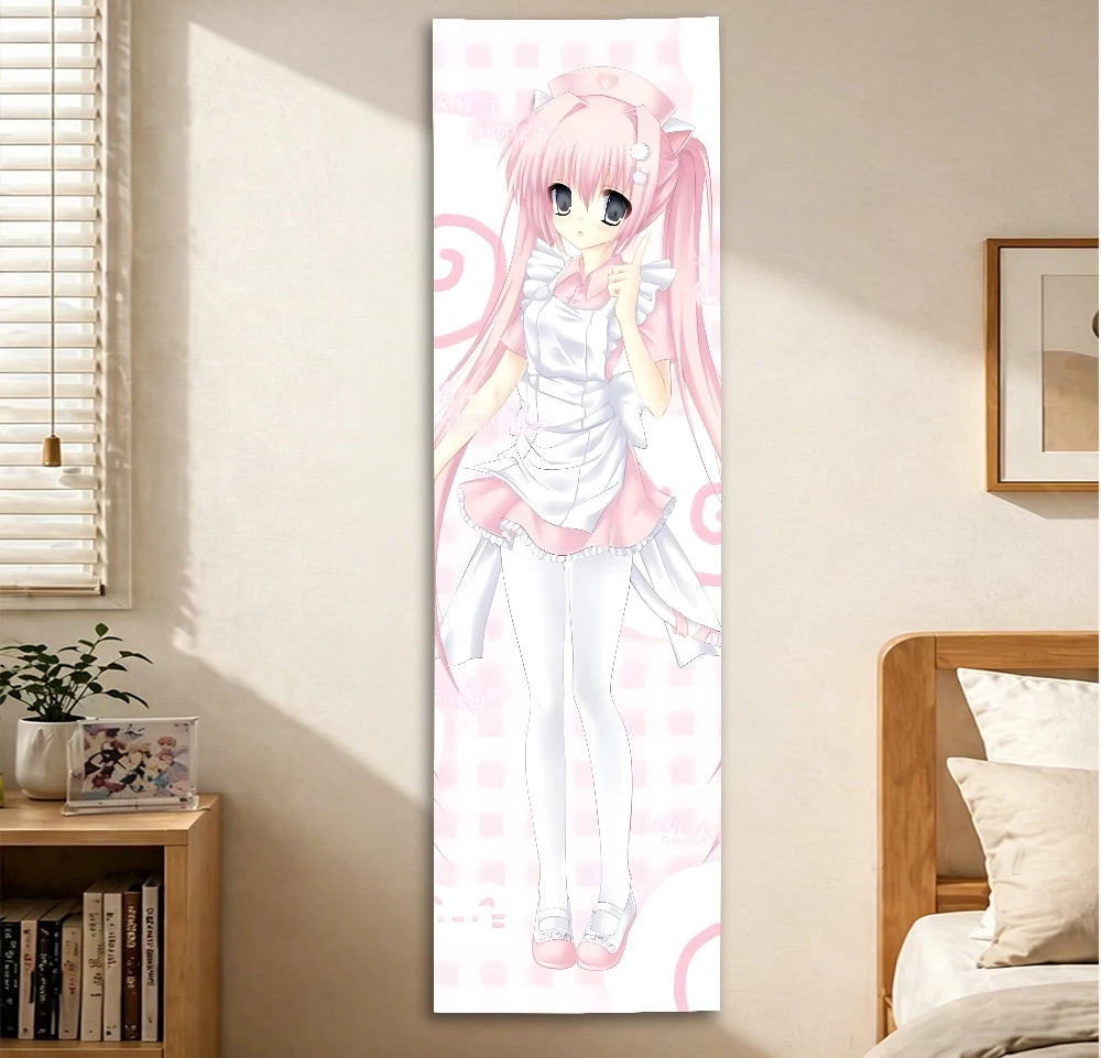 Kawaii Pink Nurse Anime Girl Vertical Tapestry, Long Wall Scroll, Cute Pastel Wall Hanging for Bedroom, Otaku Room Decor & Anime