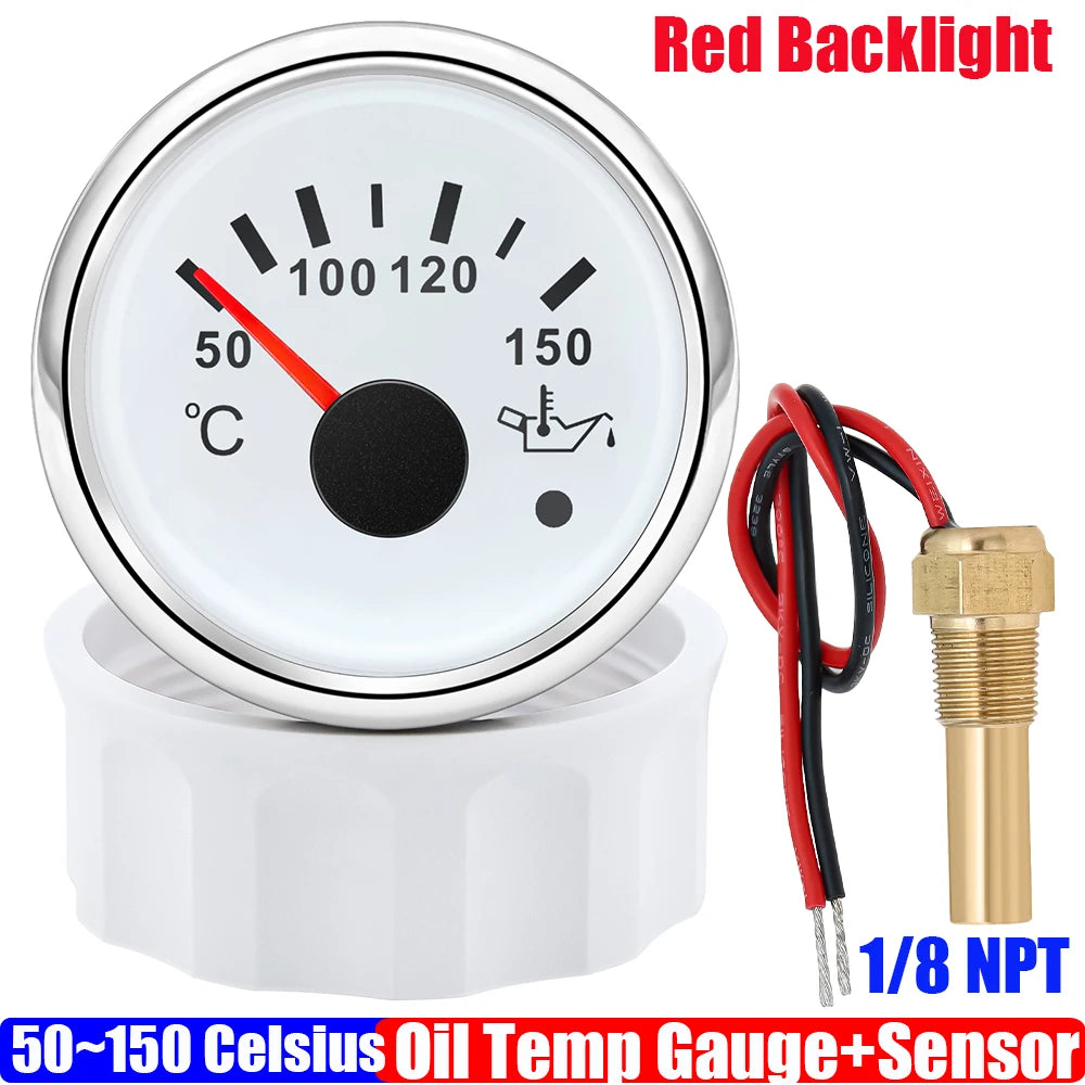 Auto Car Boat 2" 52mm Oil Temperature Gauge with Warning Red Light 50~150℃ Oil Temp Meter+Sensor 1/8NPT M14X1.5 DC12V 24V Custom