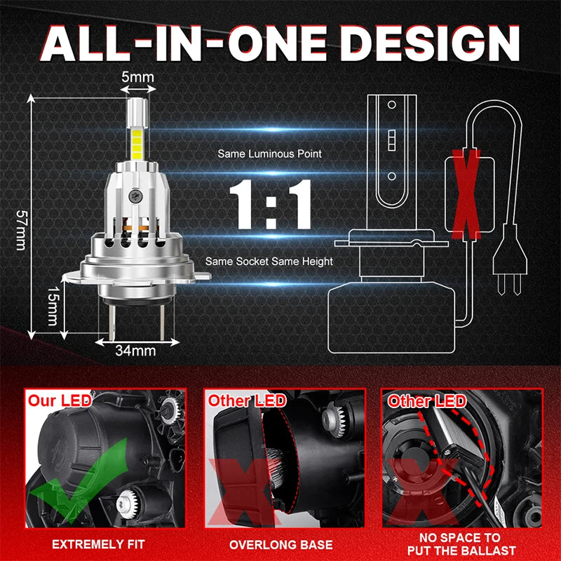 H7 LED Headlight Bulb Mini H4 H1 H11 9005 9006 HB3 HB4 9012 Hir2 5500W 4 Side CSP Chip LED Car Headlamp Auto Diode 360 Turbo LED