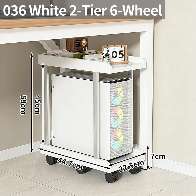 Adjustable Mobile CPU Stand with Wheels, Desktop PC Tower/Printer Cart Shelf, Black/White