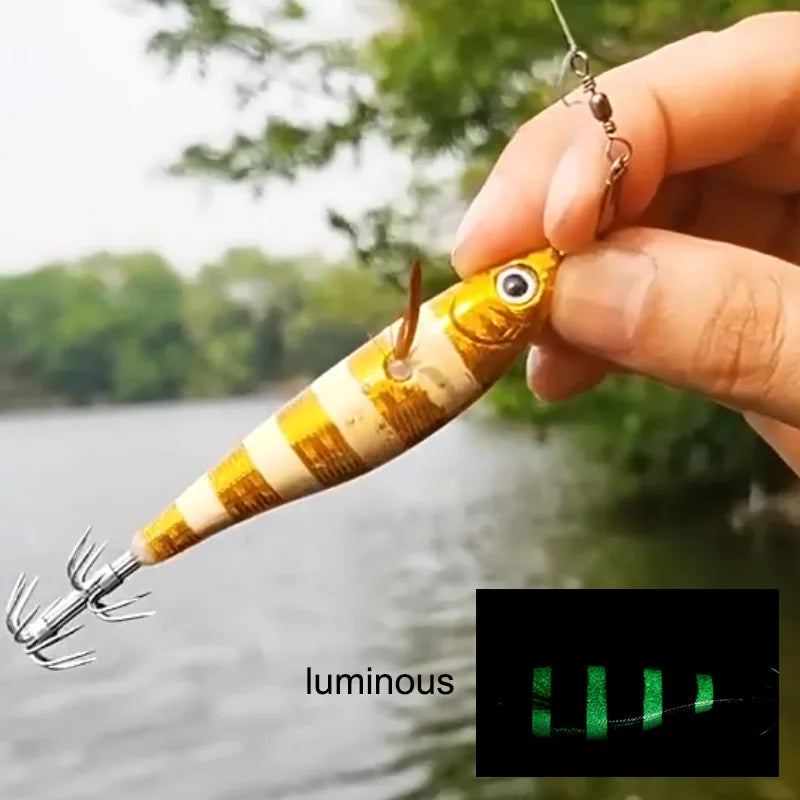 Ackibbik 7pcs Horizontal Squid Jigs Jigging Baits for Sea Fishing Artificial Squid Hook Saltwater Wood Shrimp Lure