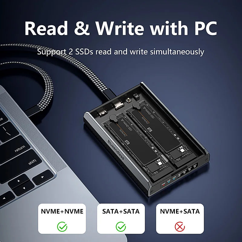 Blueendless 2-Bay RAID M.2 SSD Enclosure, Dual NVMe/SATA, Aluminum, 16TB Max, DB280A3
