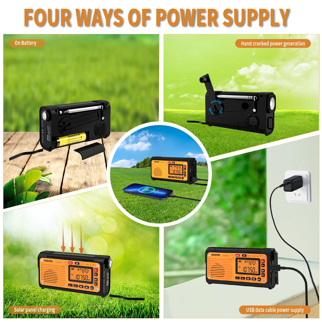 Emergency Crank Solar Radio XHDATA D608WB FM/AM/SW/NOAA Alert Portable Radio Charging 3000mAh Power Bank LED Flashlight Torch