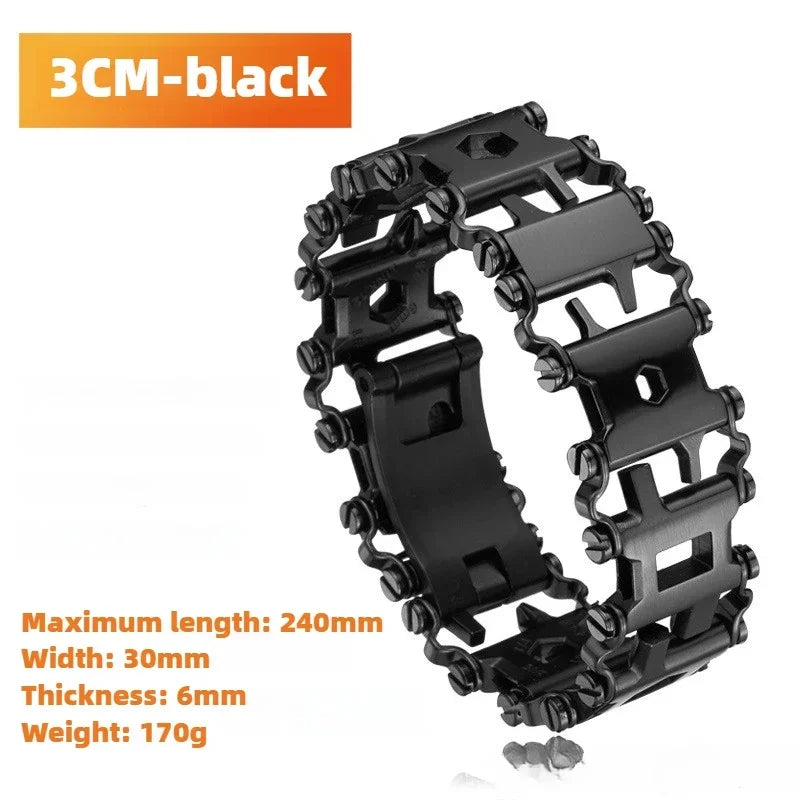 Stainless Steel Multitool Bracelet Tread Link Bolt Driver, Black or Silver, 2.5-3cm