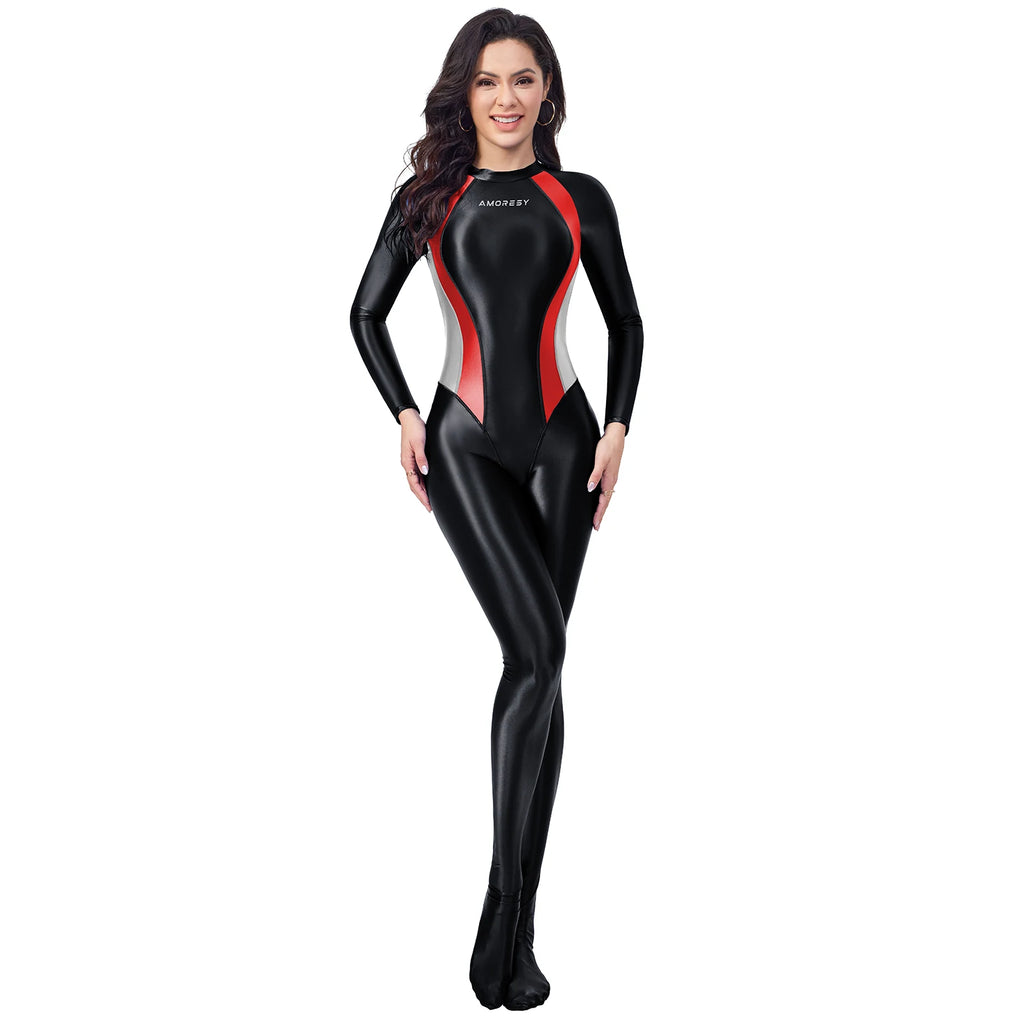AMORESY Women Rear zipper tight jumpsuit Oily Shiny smooth Sports cycling yoga clothing fitness surf body suit swimsuit gym