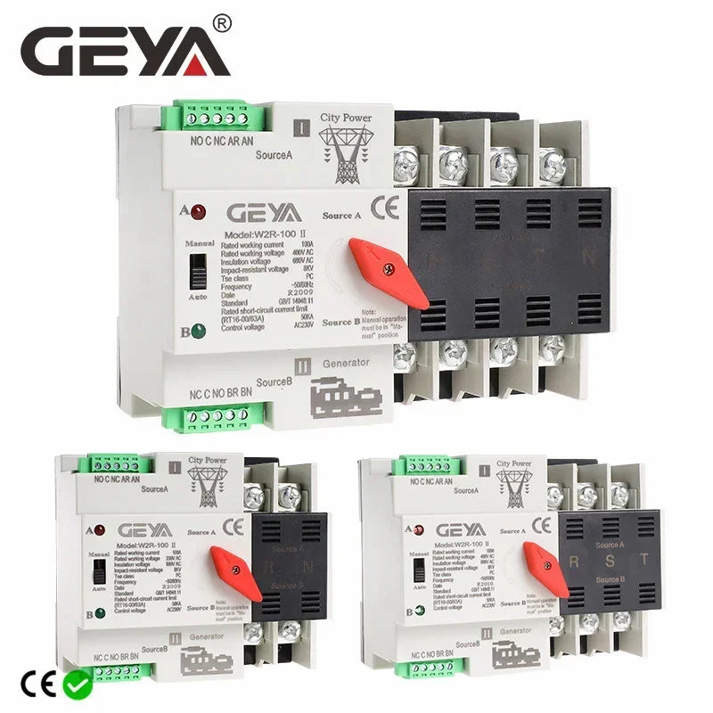 GEYA W2R ATS 110V 220V PC Dual Power Automatic Transfer Switch 63A 100A Household Power Transfer Switch 50/60Hz