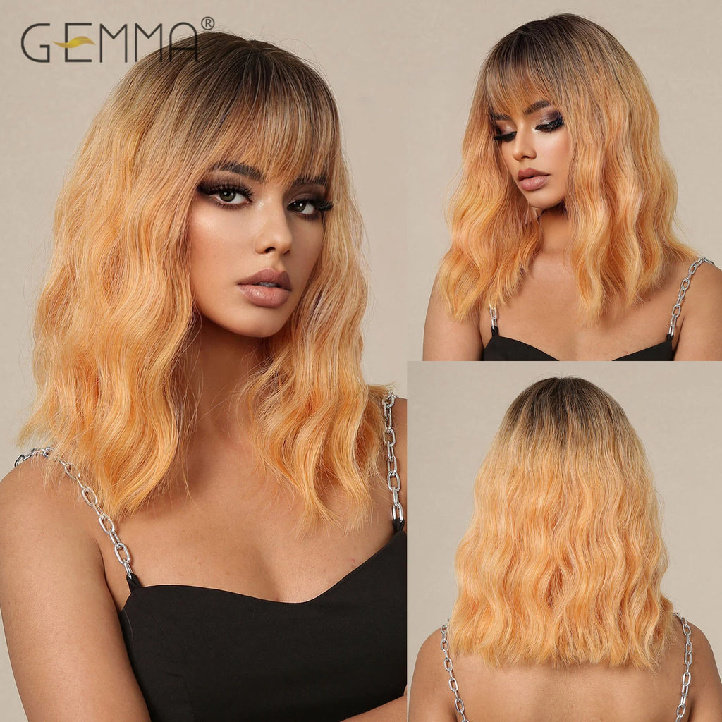 GEMMA Middle Length Red Brown Curly Wig with Bangs Synthetic Cosplay Wavy Natural Hair Wigs for Women Daily Heat Resistant Fibre