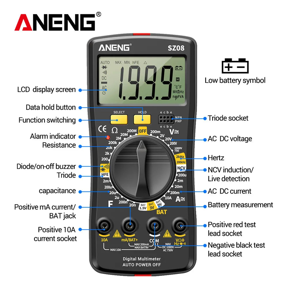 ANENG SZ08 Professional Digital Multimeter  Ultra-thin Storage Meter Auto Voltmeter AC DC 220V Resistance Handhold Testers