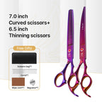 Fenice New design colorful 7.0 inch pet grooming scissors set straight thinning curved scissors