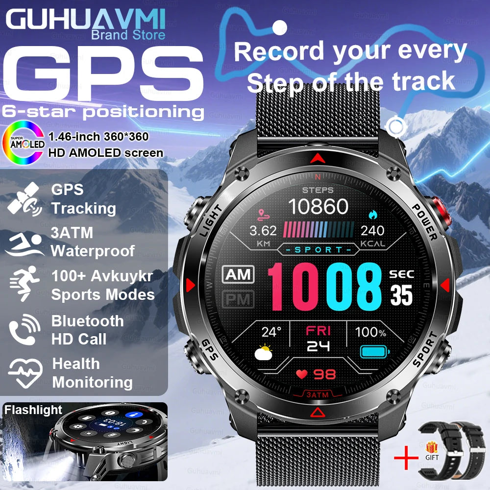 2025New Outdoor Military Smart Watch Men 1.46" AMOLED Built-in GPS Compass Altimeter 3ATM Waterproof Clock BT Call SmartWatches