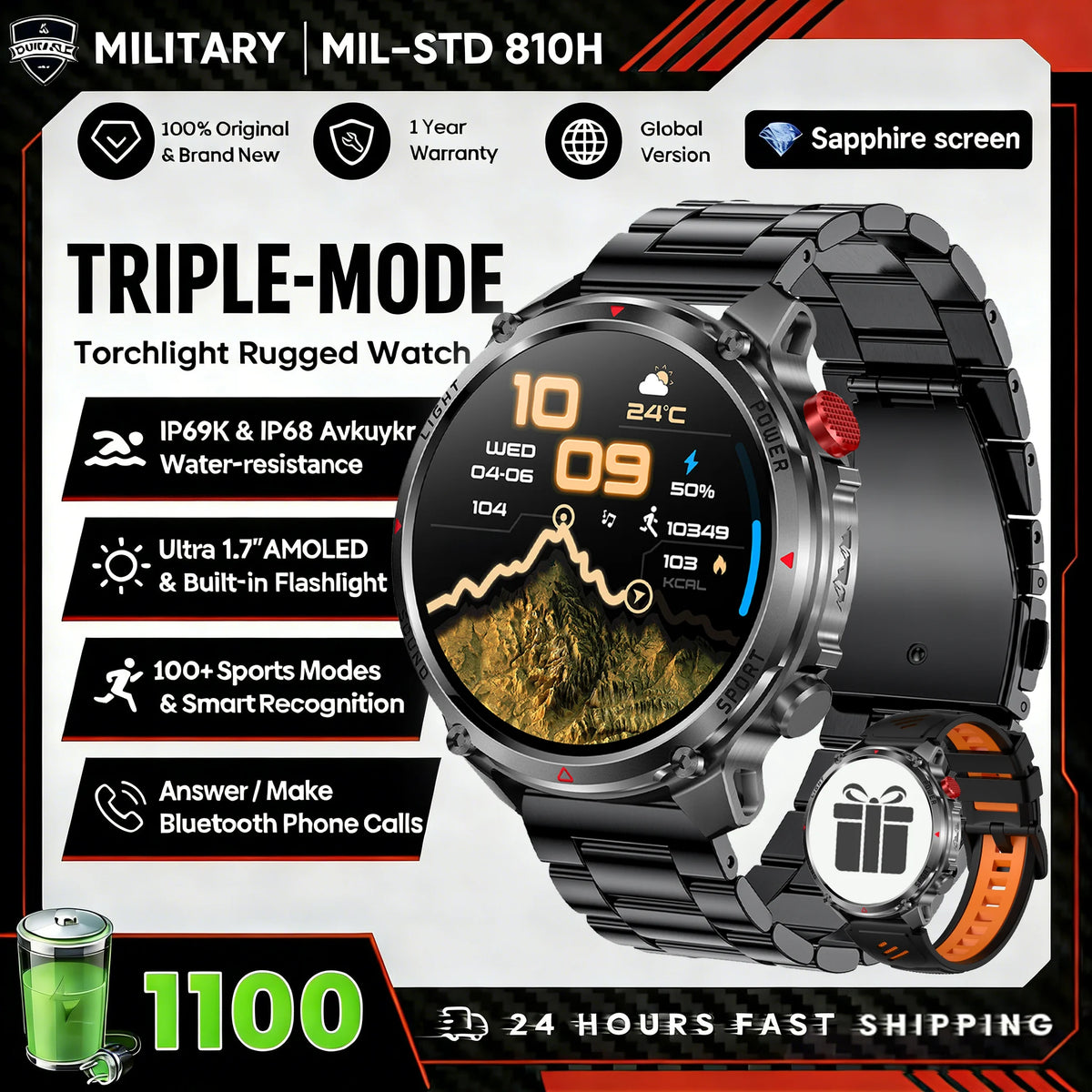 2026 New Fashion Luxury 1100mAh Battery 1.7-inch HD Screen Compass Wireless Call Flashlight 100+Sports Outdoor Sports smart