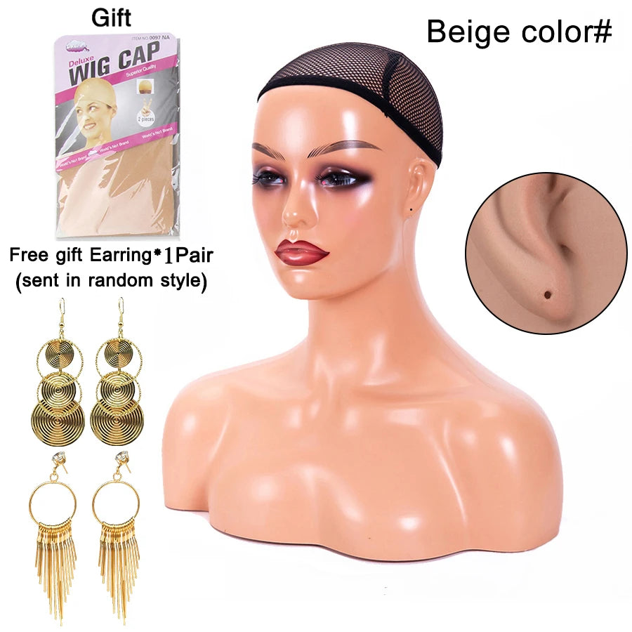 Female Mannequin Head With Shoulder Manikin Head Bust Wig Head Stand With Makeup For Wigs Display Necklace Free Earrings,Wig Cap