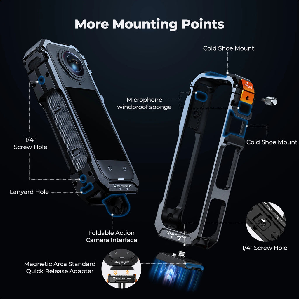 K&F CONCEPT Camera Cage for Insta360 X5 Aluminum Alloy Protective Case with Silicone Lens Cover Frame with 2 Cold Shoe Mounts
