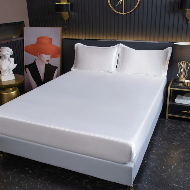 Satin Sheets Fitted Sheet Solid Color Rayon Mattress Cover Elastic Band Bed Sheet King 200x200 200x220 No Pillowcase Beddings