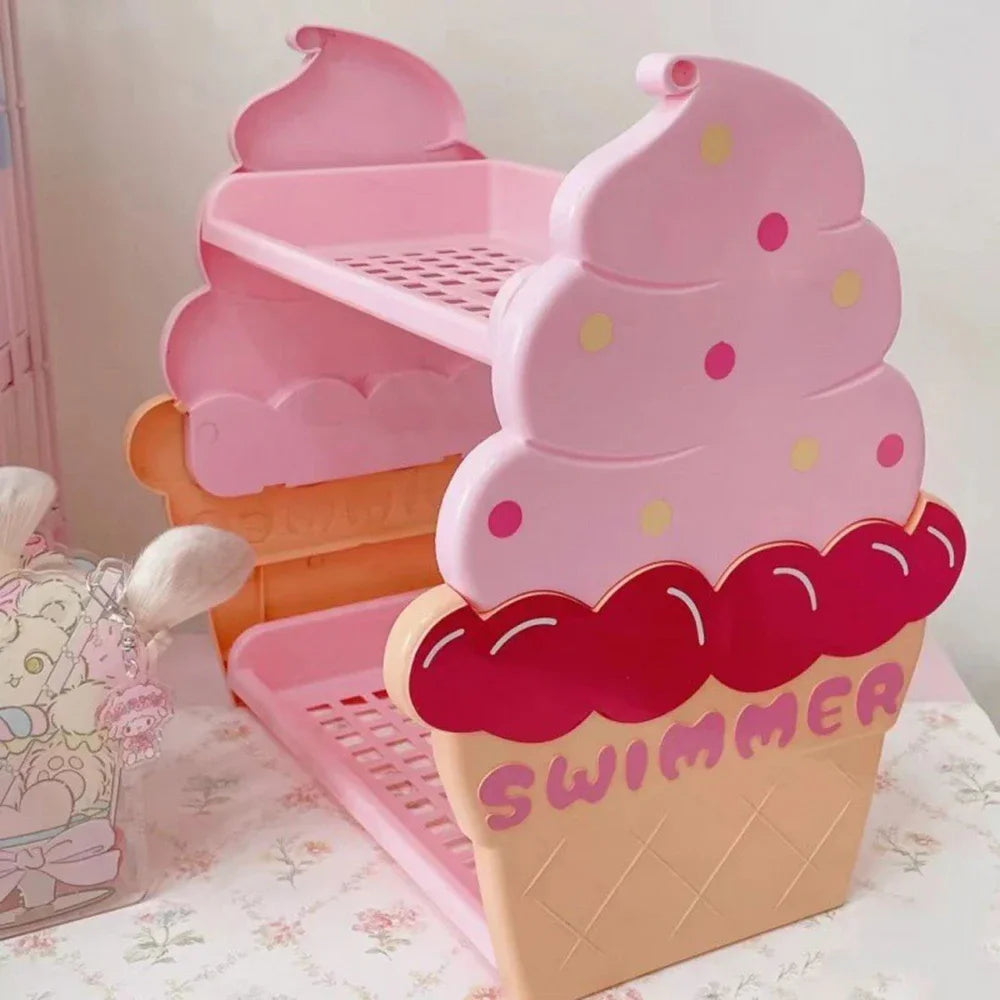 Ice Cream Double Layers Split Organiser Girls Heart Shaped Cosmetic Organiser Pink Cute Doll Jewellery Holder Student Dorm Room