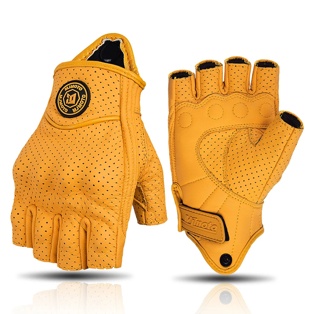 MJMOTO Leather Half Finger Motorcycle Gloves Touchscreen Hard Shell, Black/Yellow L-XXL