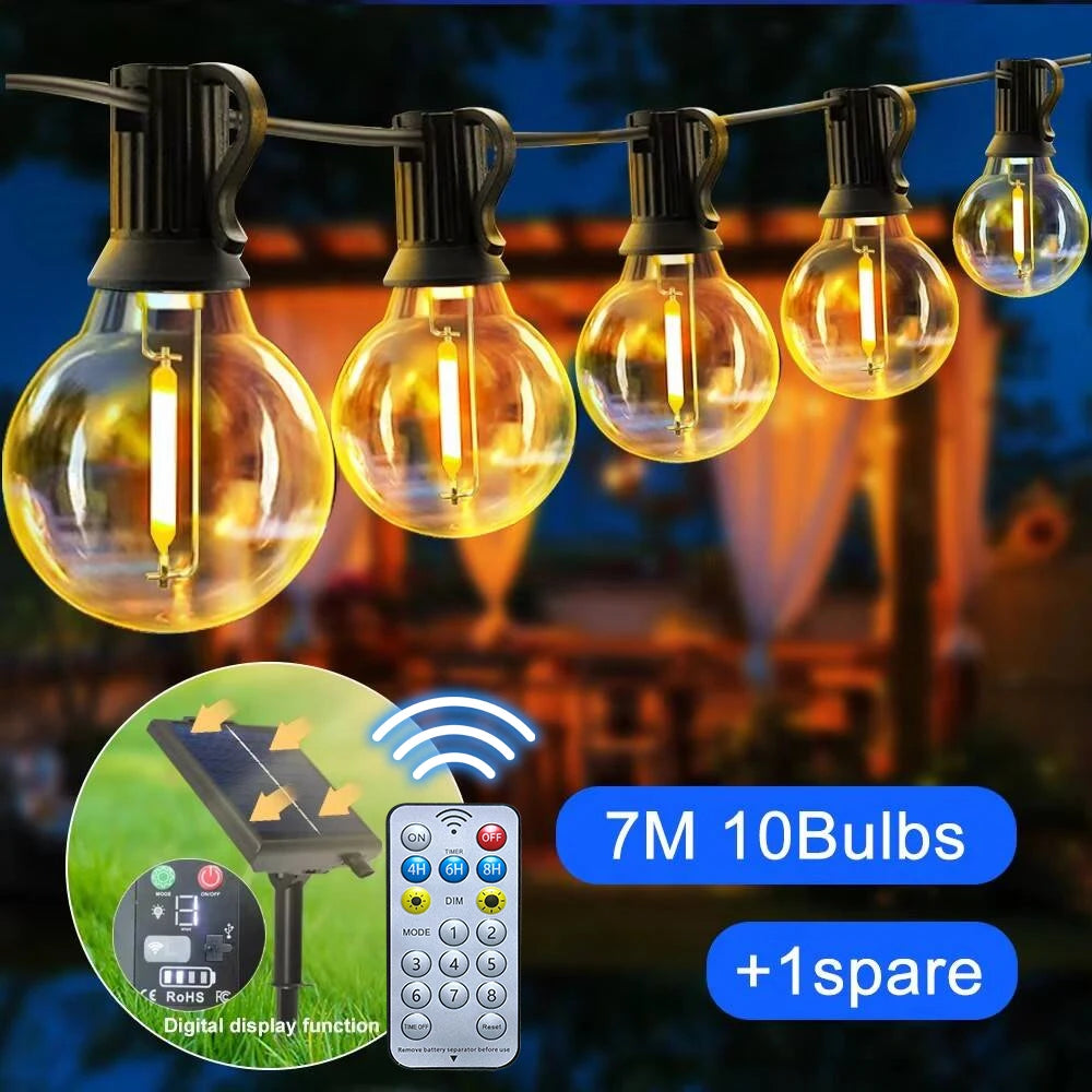Solar G40 outdoor string lights with remote, shatterproof globe bulbs, IP65 waterproof, 10m 15 bulbs
