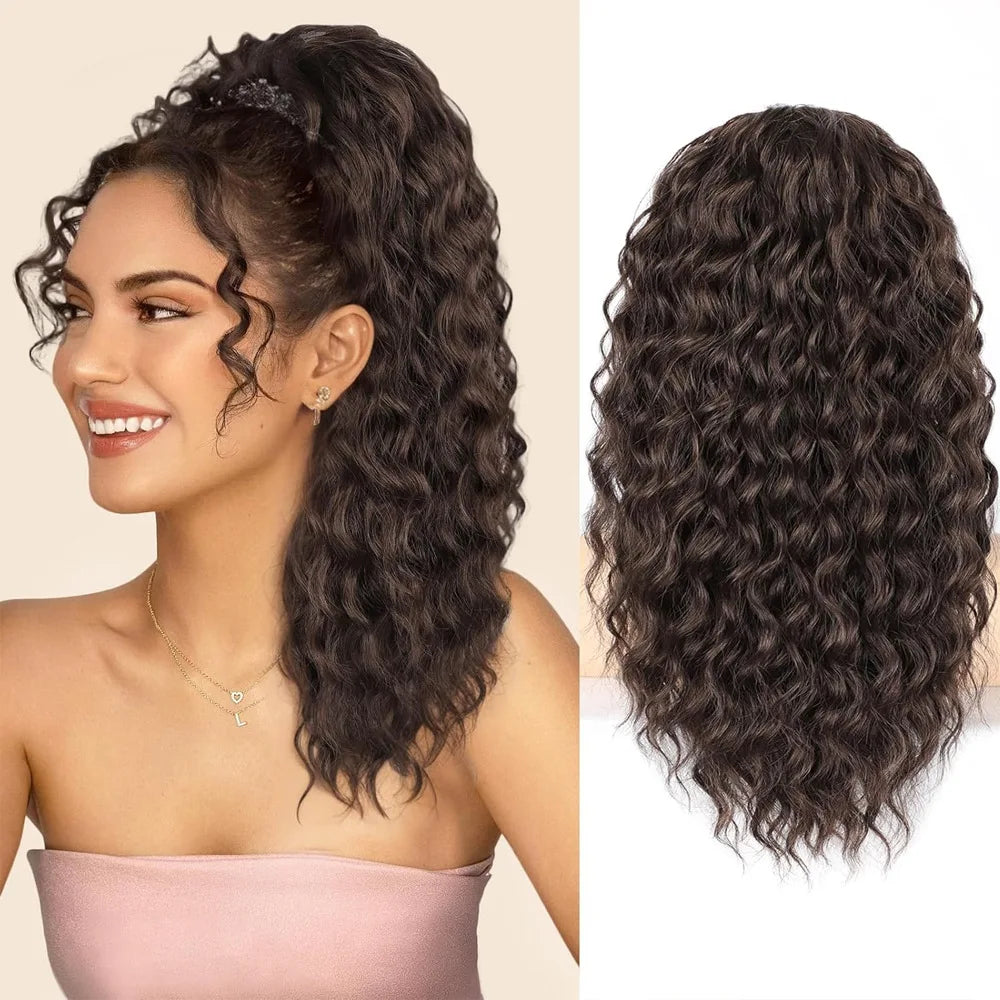 22in Drawstring Curly Ponytail Hair Extension, Synthetic Fluffy Long Curly, 1pc
