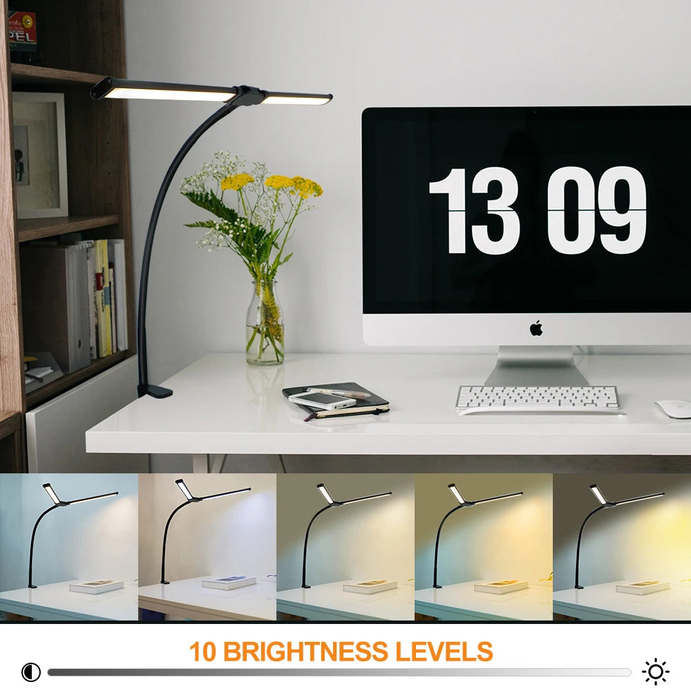 Home Office LED Desk Lamp Double Head Stepless Dimming Eye-Caring Reading Lights 3 Color Mode Flexible Adjustable PC Table Lamps