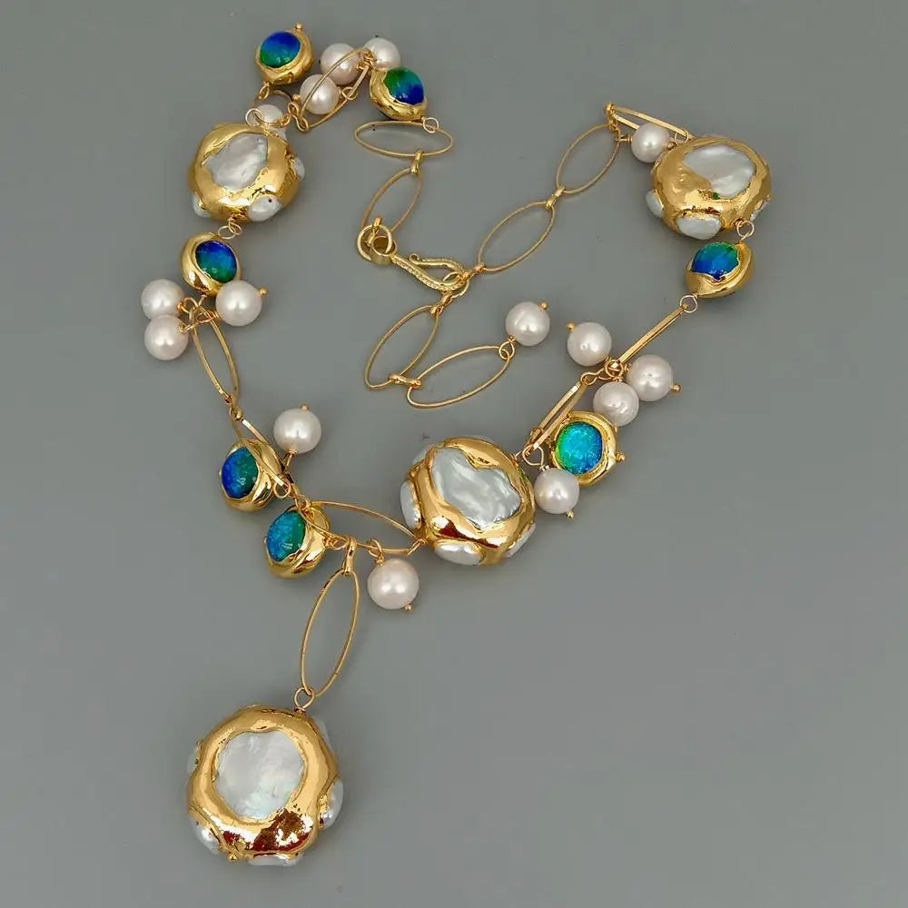 YYGEM hot sale ! Blue Murano Glass 10-11mm  Freshwater Cultured 27mm White Keshi Pearl Gold Filled Chain Necklace 21"