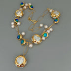YYGEM hot sale ! Blue Murano Glass 10-11mm  Freshwater Cultured 27mm White Keshi Pearl Gold Filled Chain Necklace 21"