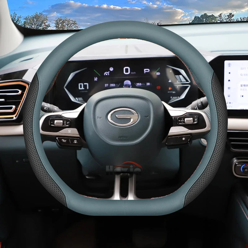 D-Type Leather Steering Wheel Cover for GAC GS3/Emzoom/Empow/Emkoo/S7, Black Line