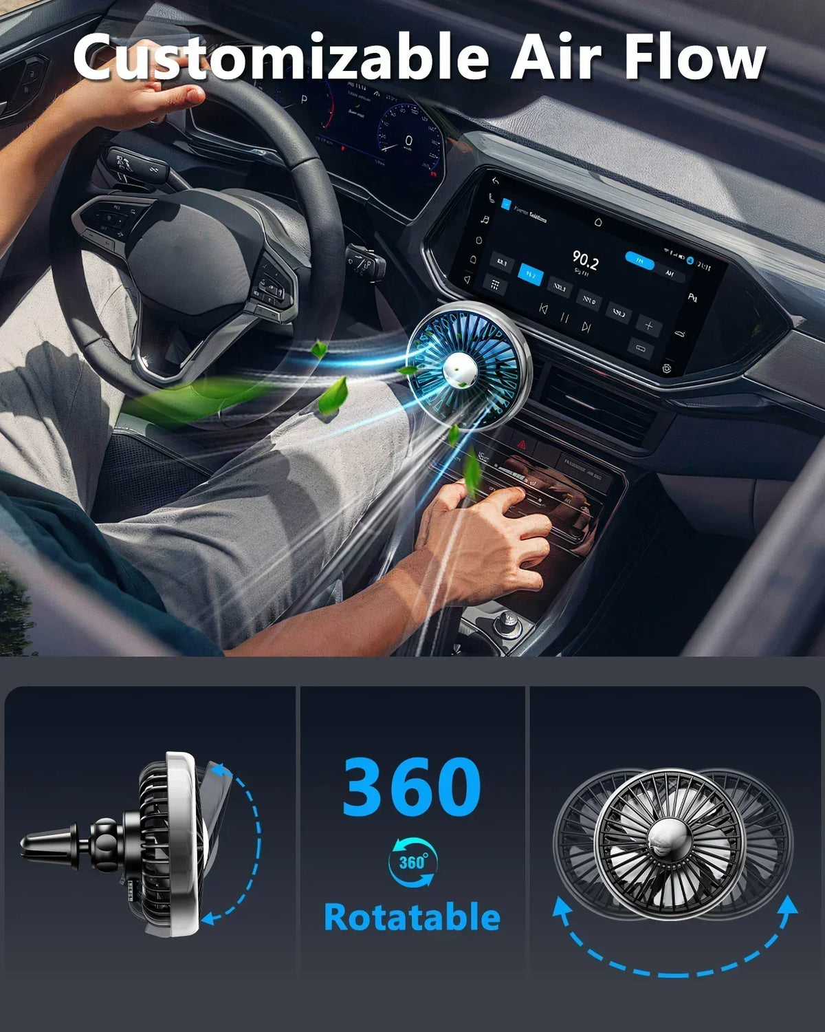 Eary Car Fan Mount For Front Rear Air Vent With 360 Rotatable Air Circulation Fan 3 Wind Speeds Strong Airflow Car Electronic