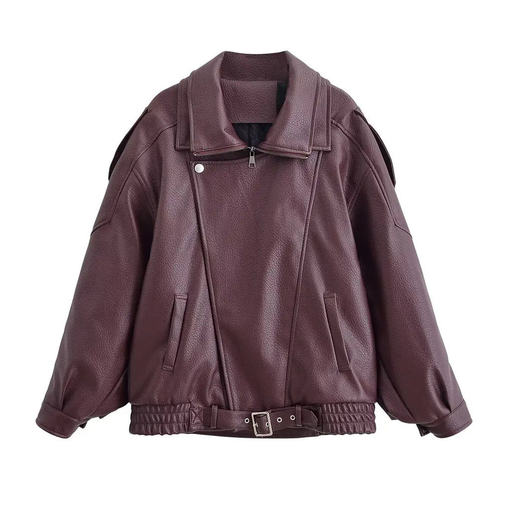 HH Autumn Faux Leather Jacket For Women Casual Solid Long Sleeve Zipper Pu Leather Coats New Fashion Female Streetwear