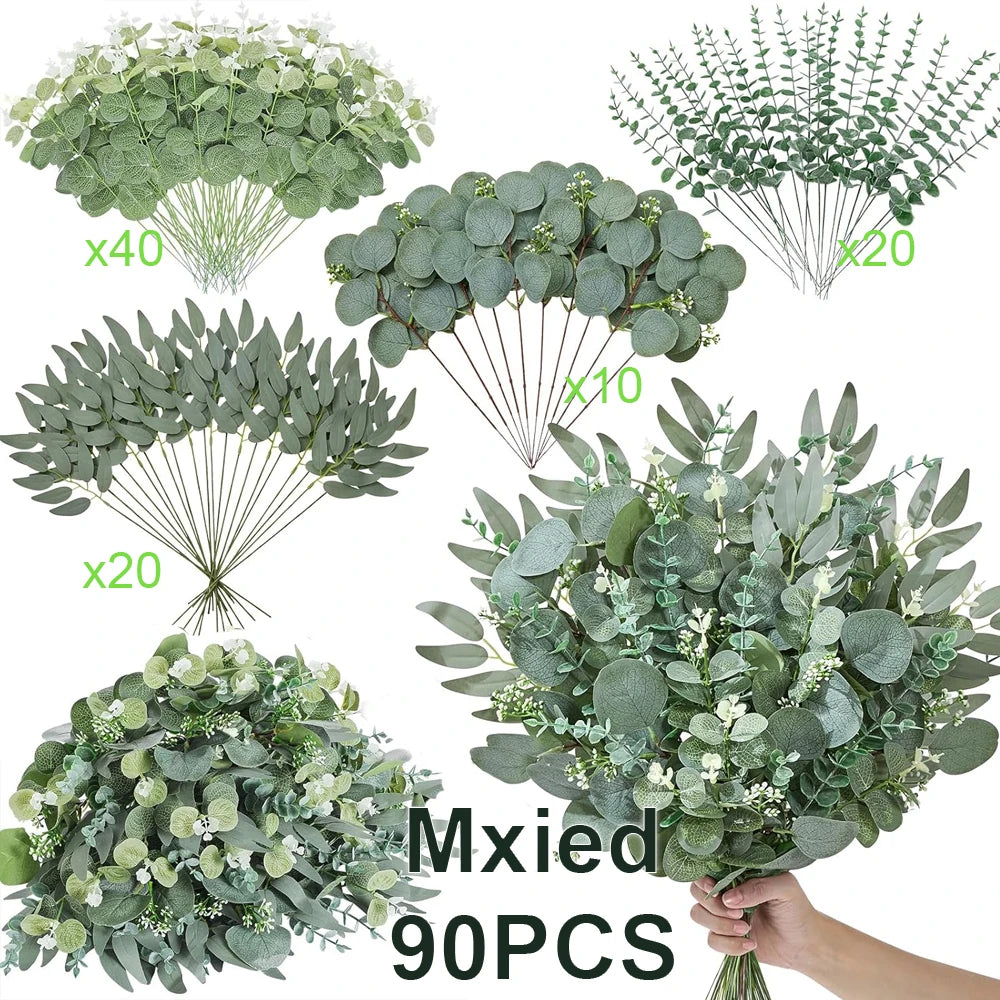 Artificial Eucalyptus Leaf Stems Bundle 50-90pcs Mixed Willow & Silver Eucalyptus for DIY Decor
