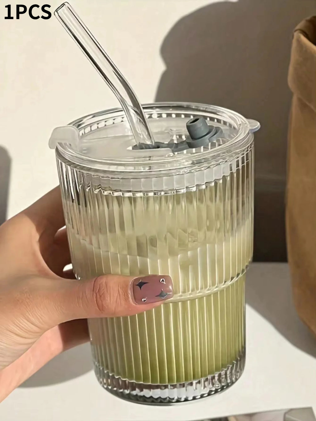 450ML Striped Glass Cup Transparent Drinking Glass with Lid and Straw, Ice Coffee Tea Juice Milk Water Glass, Stylish Design