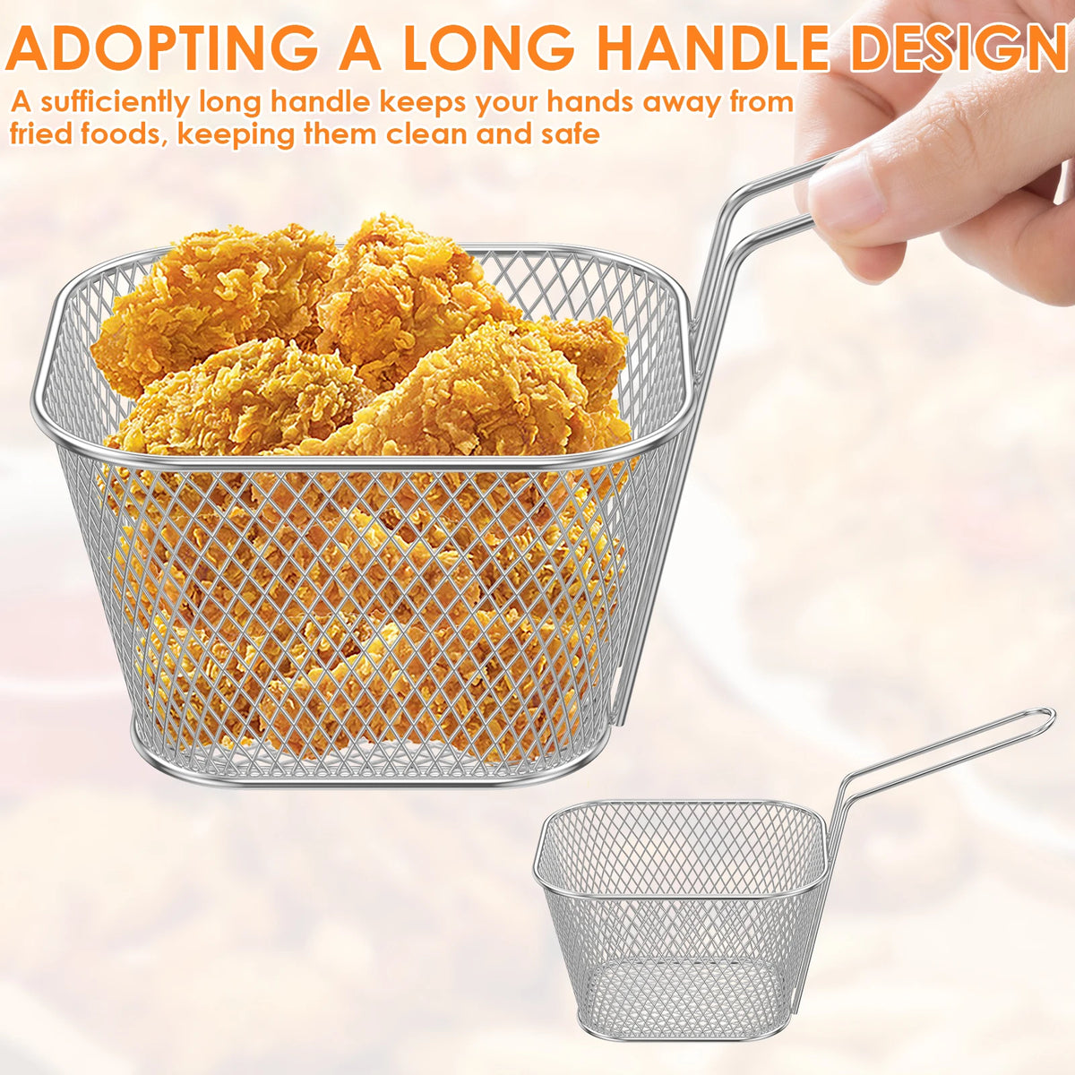 Mini deep fry basket set with long handle, stackable chip strainer, silver, 8pcs