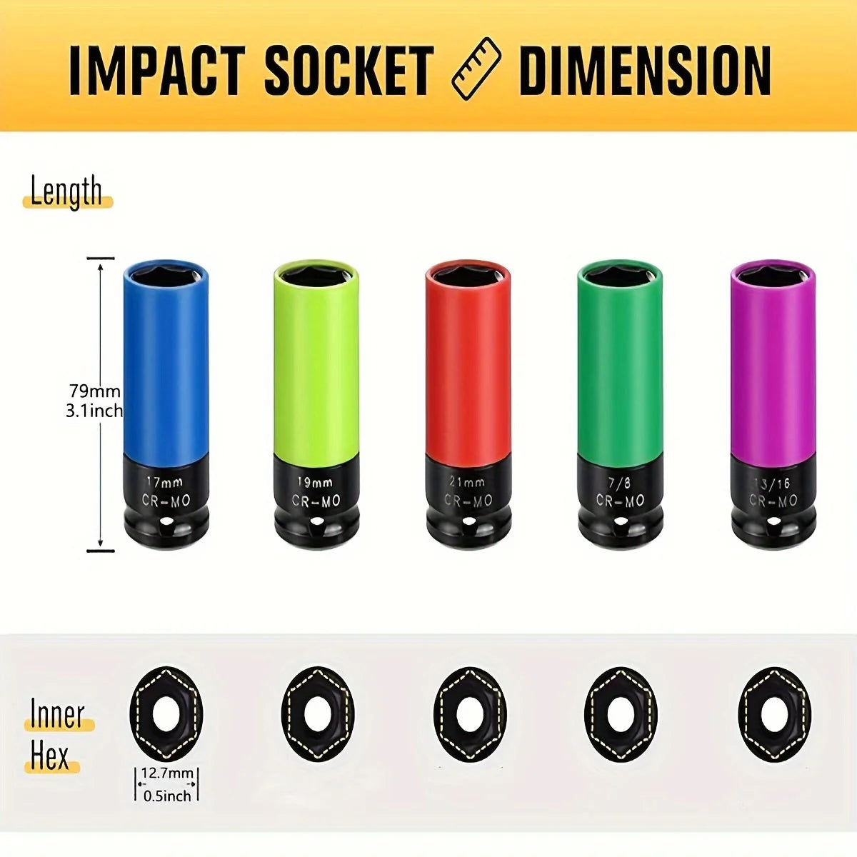 1/2- Inch Drive Wheel Protector Impact Socket, 1/2" Thin Wall Deep Impact Socket Set Plastic Sleeve Lug Nut, 6 Point,Metric