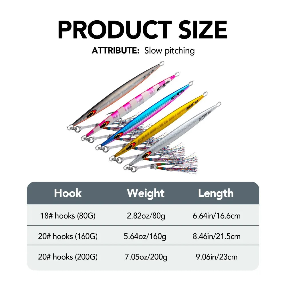 Goture 80g 160g 200g Jig Fishing Lure Set Fast Sinking Jigging Lure Luminous Reation Double Hooks  Metal Jig for sea fishing