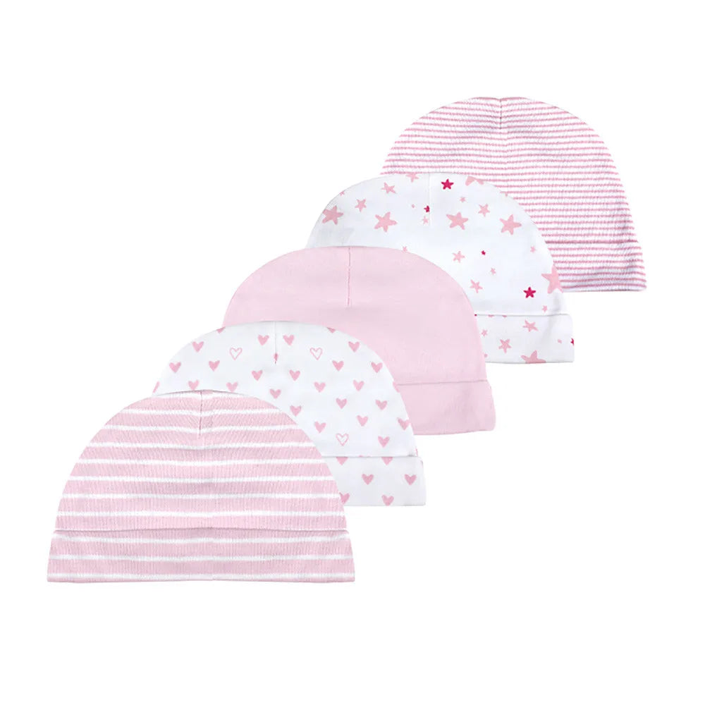 Kiddiezoom Newborn Baby Cotton Beanie Hats 5-Pack, Soft Infant Caps 0-6 Months