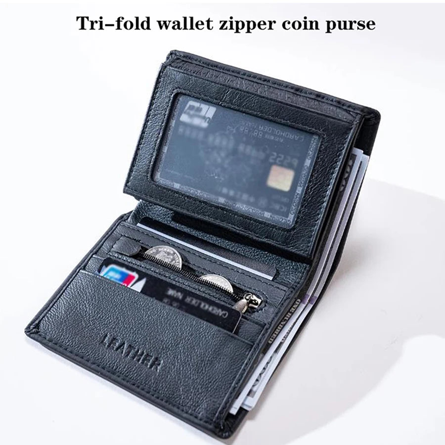 Men's Genuine Leather RFID Blocking Zip Wallet Vertical Credit Card Holder, Black/Coffee