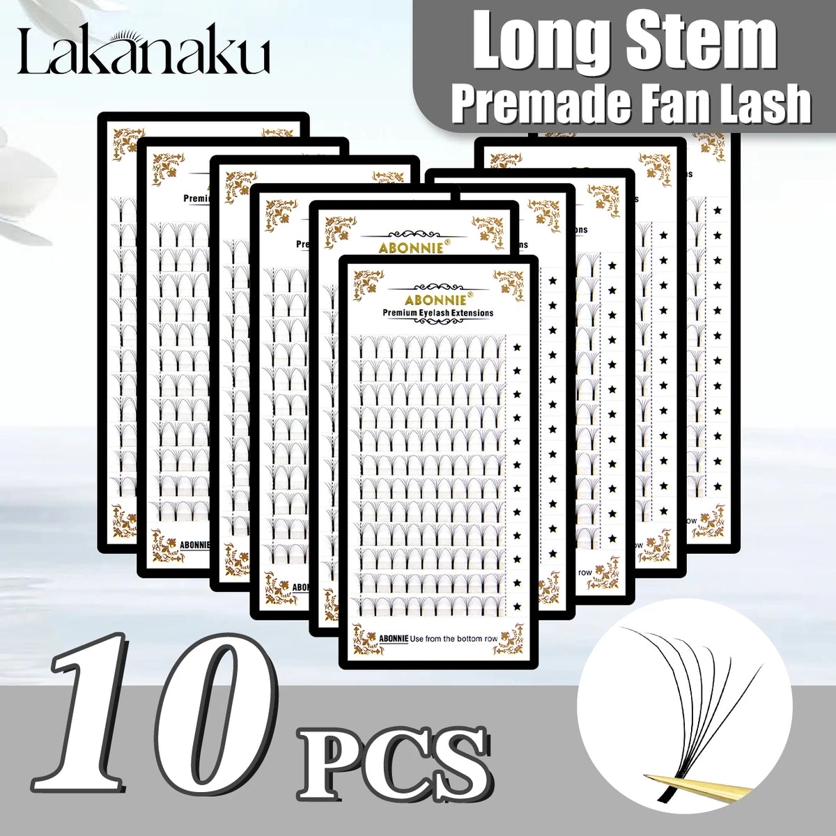 Abonnie 10 Cases Russian Volume Eyelash Extensions Eyelash Bouquets Volume Long Stem Soft Matte Black Premade Extension