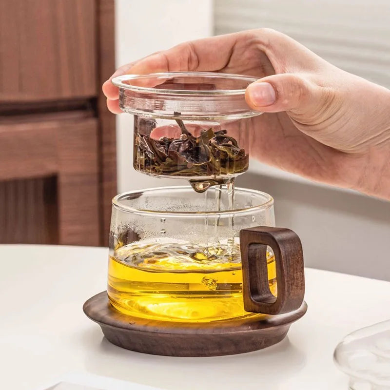 Heat-Resistant Glass Tea Cup With Filter Multi-Purpose Tea Separation Mug Wooden Handle Coffee Cup Kung Fu Teaware 200ml