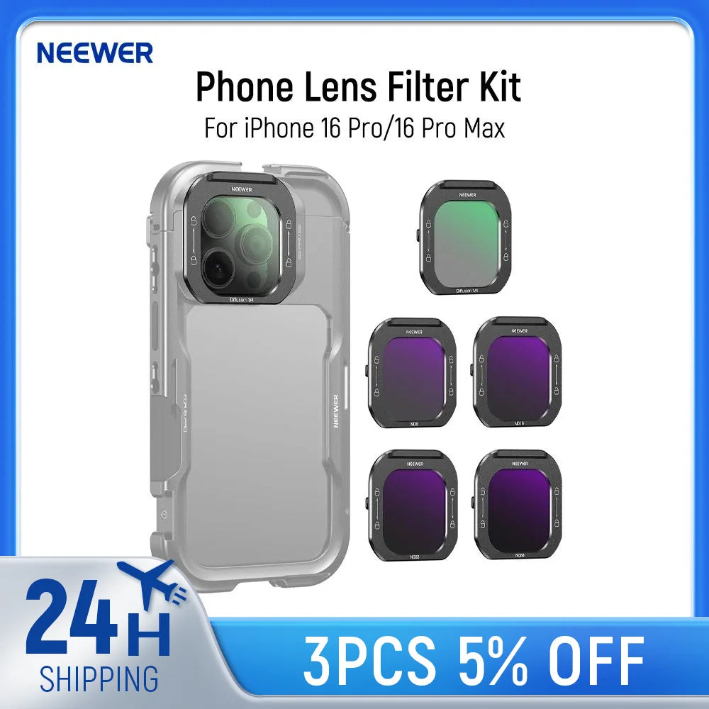 NEEWER 5pcs Phone Lens Filter Kit , Black Mist Diffusion 1/4/ND8/ND16/ND32/ND64 HD Optical Glass For iPhone 16 Pro/Pro Max cage