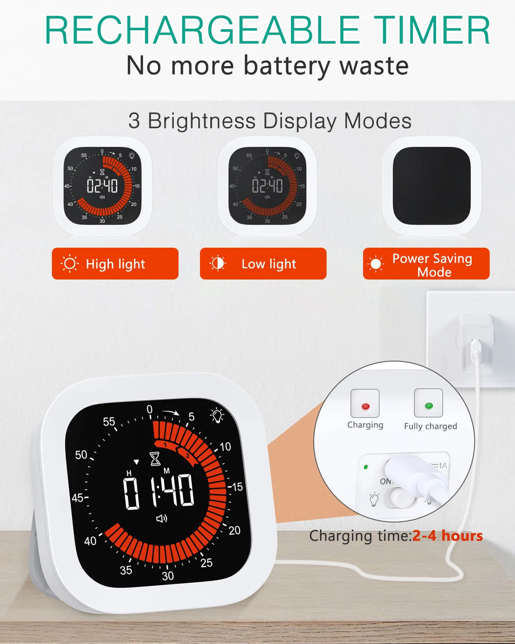 Rechargeable visual countdown timer, digital kitchen timer for home school office, 1pc