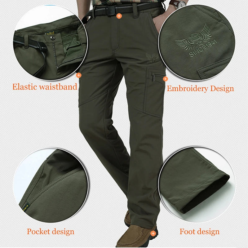 2024 Outdoor Work Tactical Pants Men Winter Casual Cargo Trousers Waterproof Fleece-lined Pant Elastic Hiking Traveling Workwear