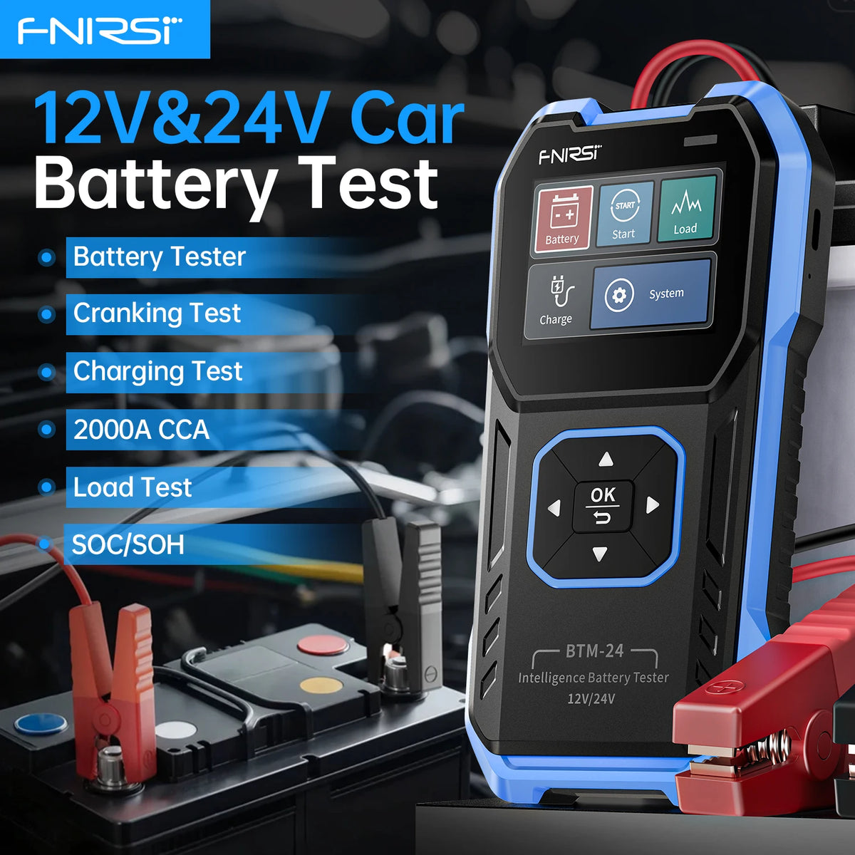 FNIRSI BTM-24 12V/24V Car Battery Tester 0-2000 CCA Automotive Battery Load Tester Cranking Charging Circut Diagnostic Tools