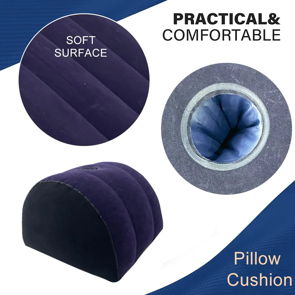 1pc Inflatable Half-Moon Support Pillow, Blue Flocked Surface Leg & Back Cushion