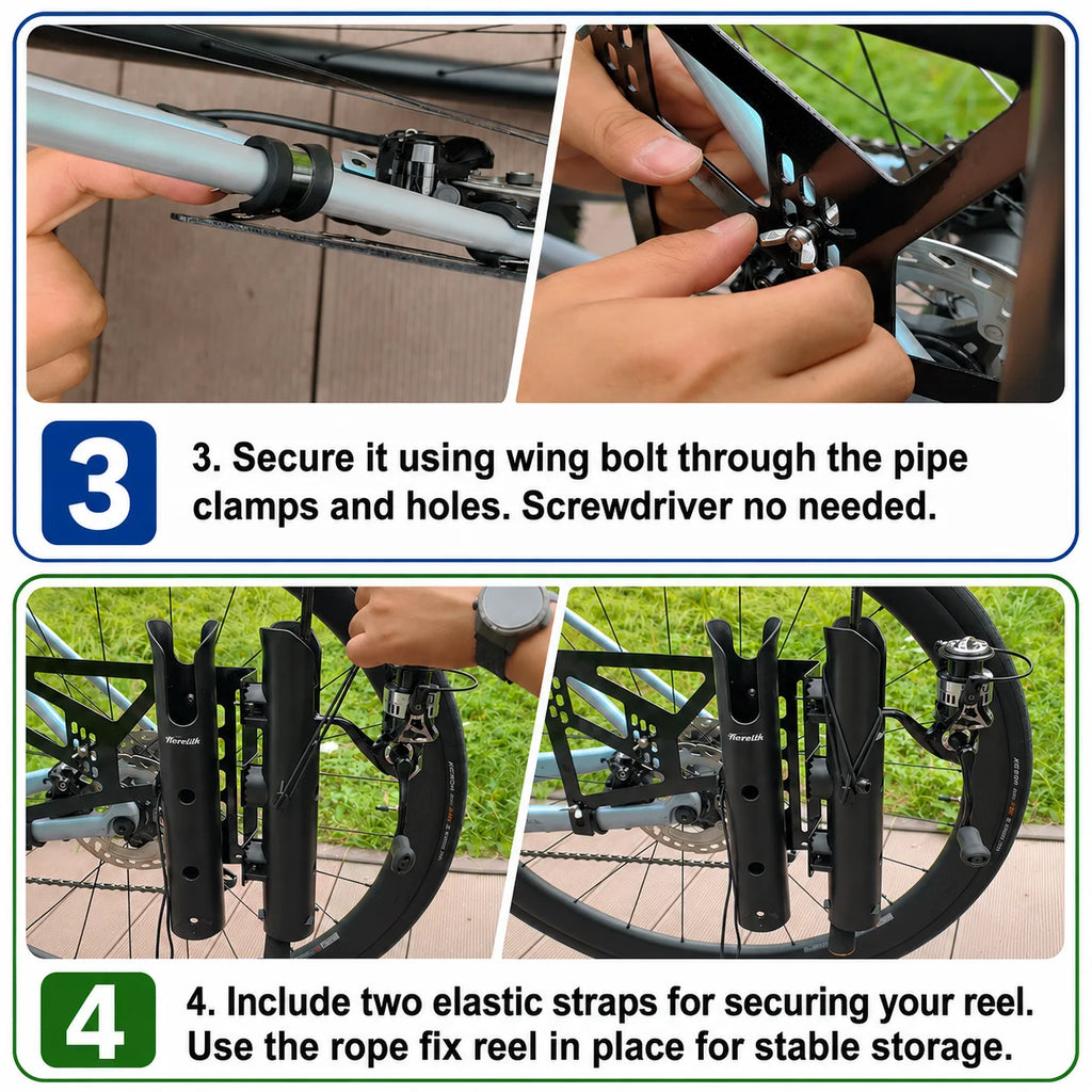 Bicycle Fishing Rod Holder Mount Rack, 2 ABS Holders, Iron Plate, Adjustable Clamp Straps