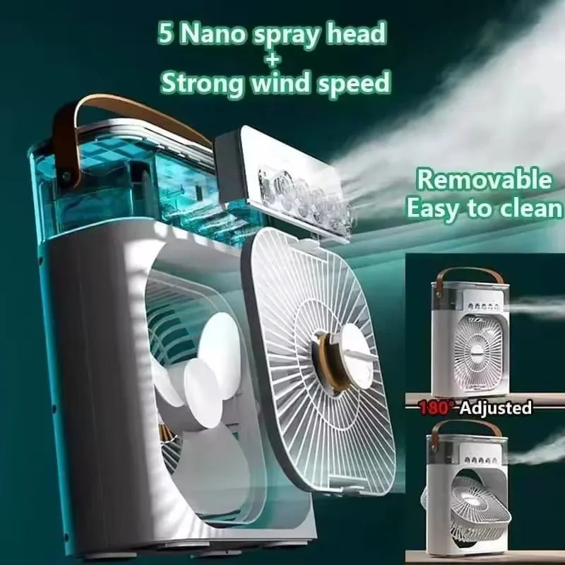 Portable 3-in-1 humidifier fan, mini USB fan, LED night light function, water mist humidification, family fun