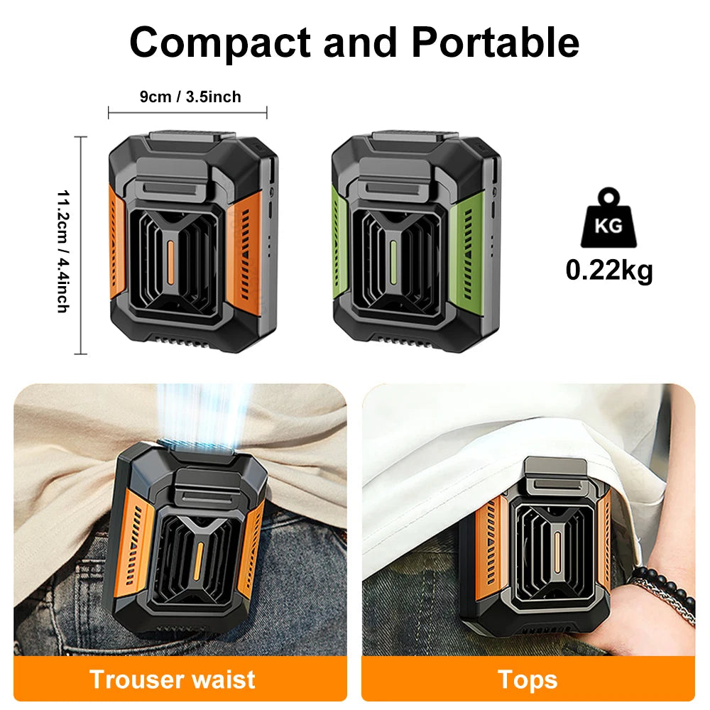 Portable Waist Clip Fan with LED Light, USB Rechargeable Mini Fan Power Bank, Green/Orange