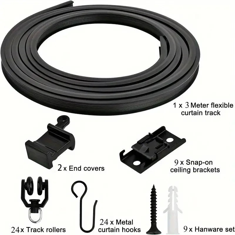 Flexible Bendable Curtain Track Ceiling Wall Mount Black Curved Heavy Duty RV Sliding Curtain Rail System Room Divider