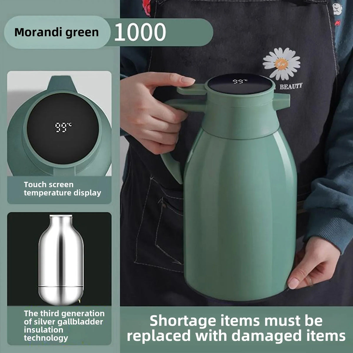 Kitchen Thermal Kettle Household Digital Display Coffee,1/1.3/2L Thermos Glass Liner Vacuum Flasks Large Capacity Water Bottle